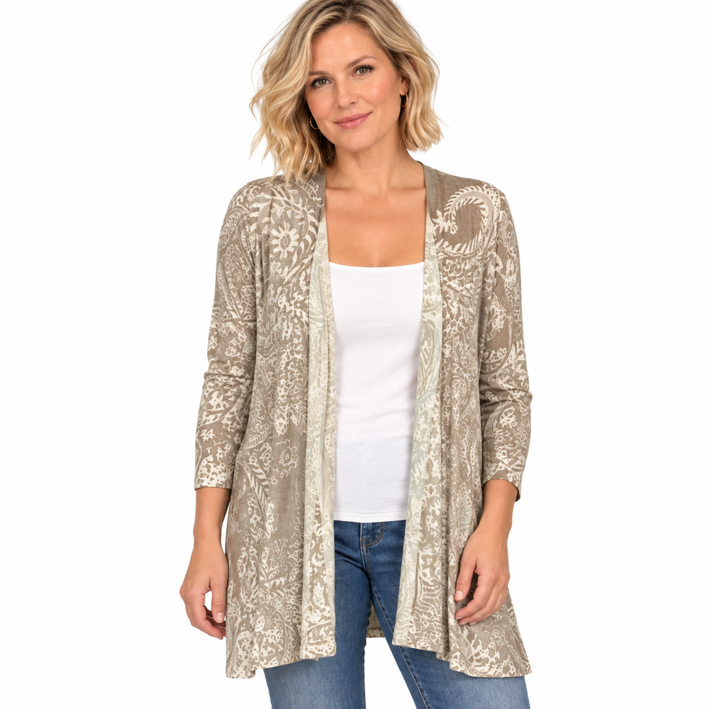Chicos Linen Blend Lightweight Print Longline Cardigan Sweater Open sz 2 / L